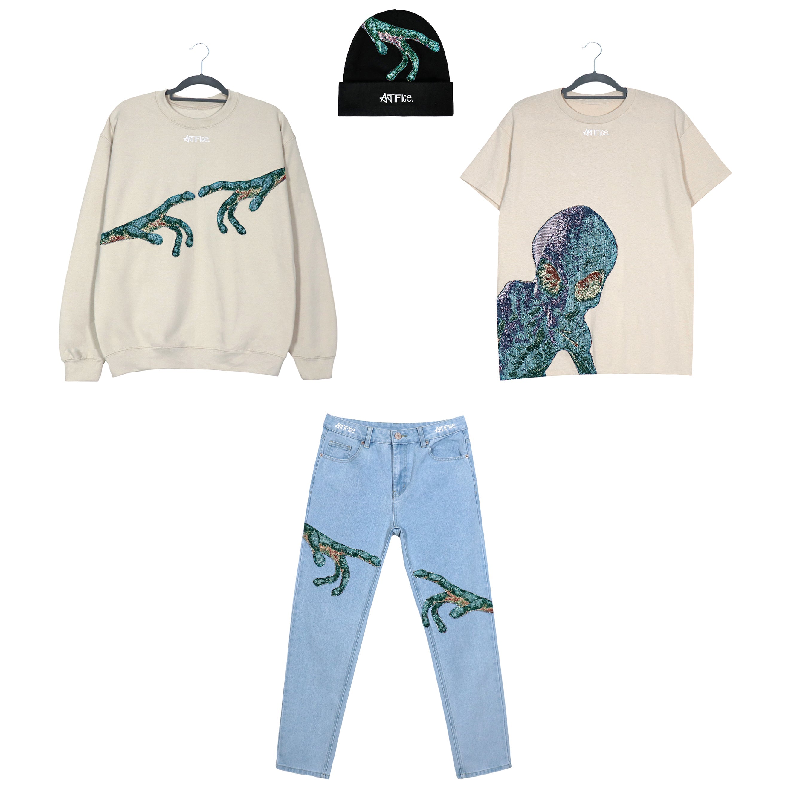 Alien touching hands' Artifice. Crewneck