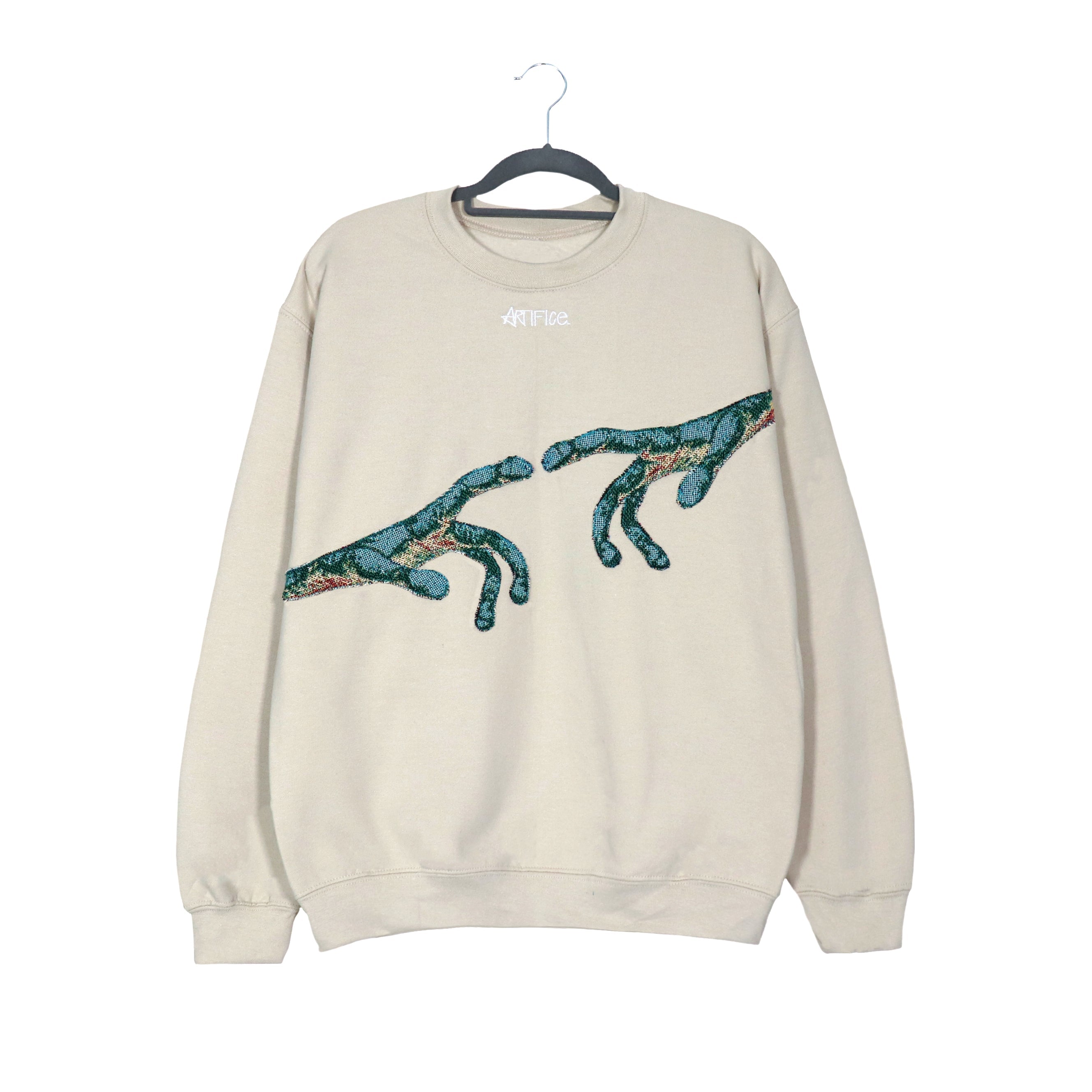 Alien touching hands' Artifice. Crewneck